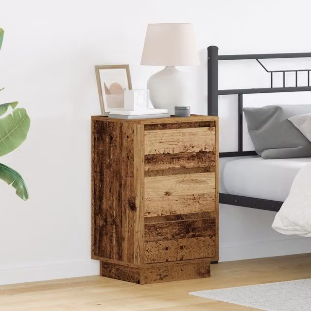 Berkfield Home Bedside Cabinet with Integrated LED Lighting in Brown Old Wood, W/D/H: 39 x 34.5 x 65 cm