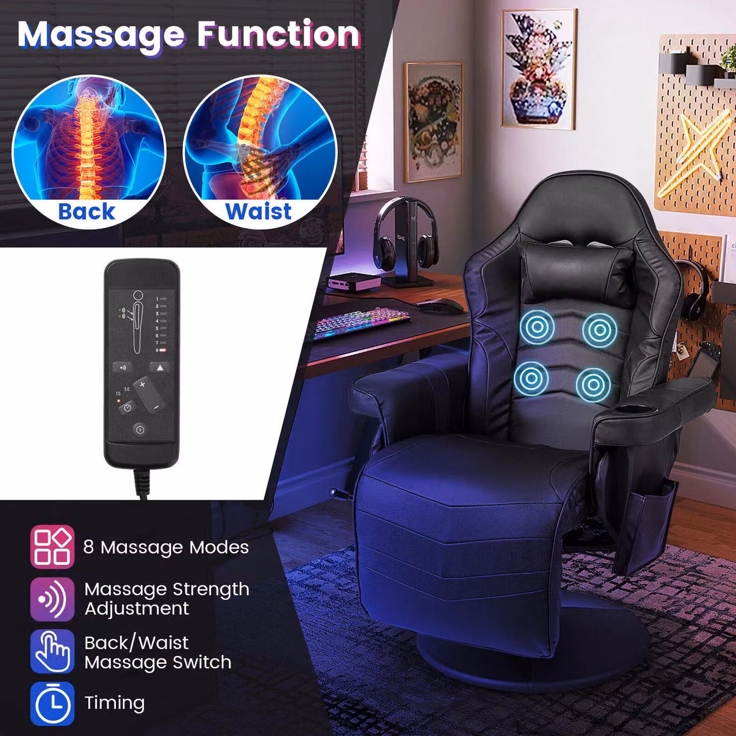 Gymax Black PU Leather Gaming Chair with Massage, Swivel Function and Adjustable Height – 6