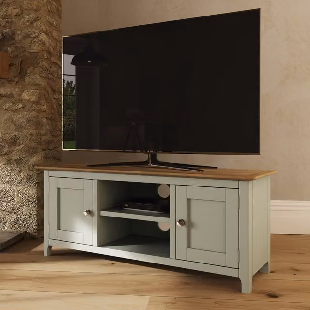 FWStyle Modern Oak Effect 2 Door 1 Shelf TV Unit in Sage Green
