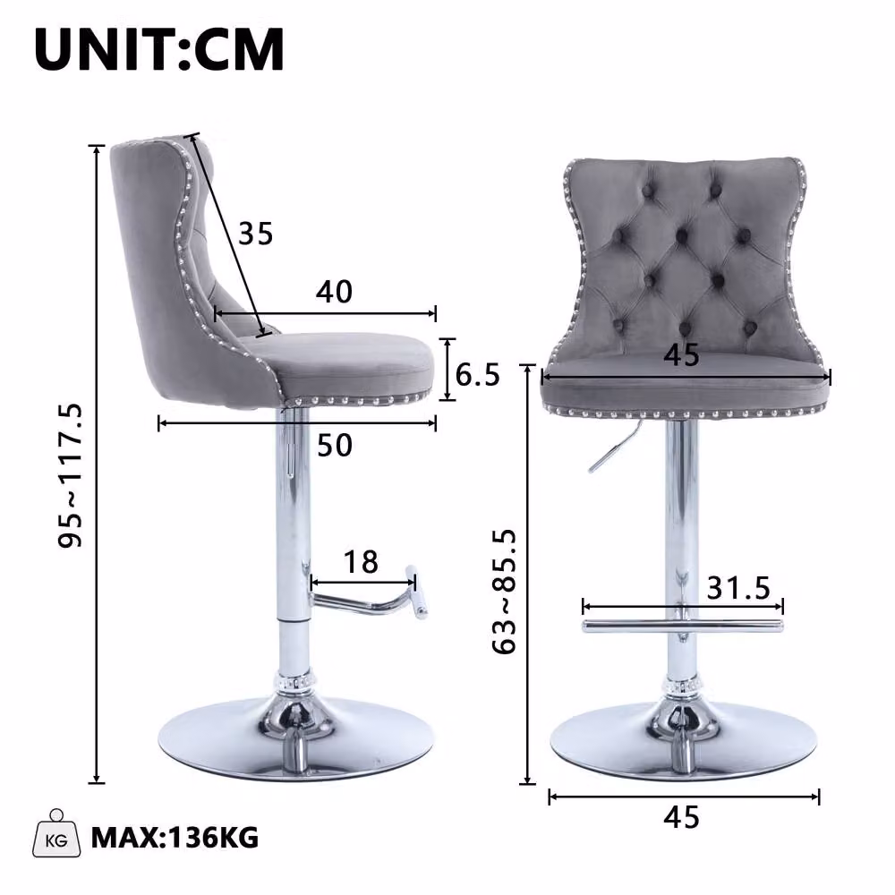 HomeTouch Vero Set of 2 Grey Velvet Upholstered Swivel Bar Stools with Chrome Metal Base – 3