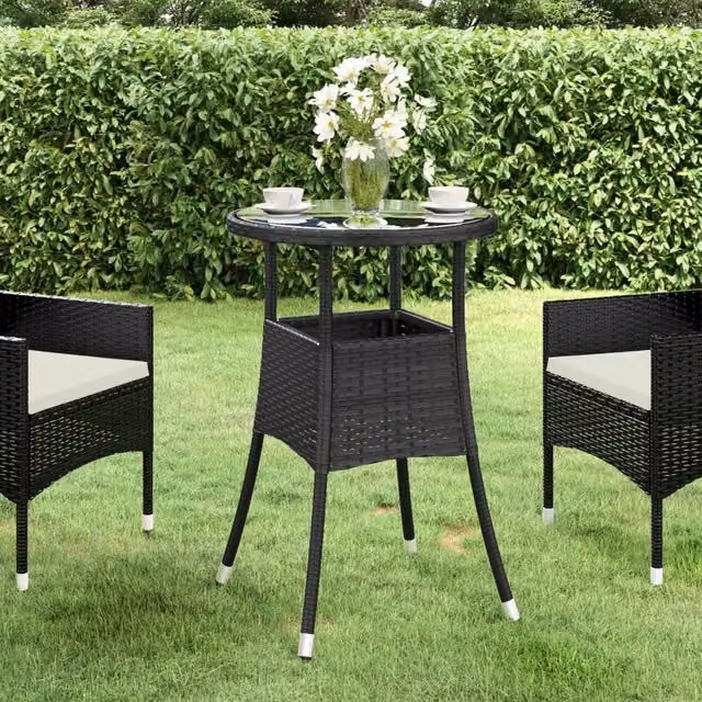 Berkfield Home Garden Table in Black with Tempered Glass and Poly Rattan, Diameter: 60 cm, Height: 75 cm – 1