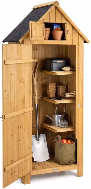 Christow Tall Wooden Garden Cabinet in Natural with Single Lockable Door and Shelving, H: 179.5 x W: 54.2 x D: 77.5 cm