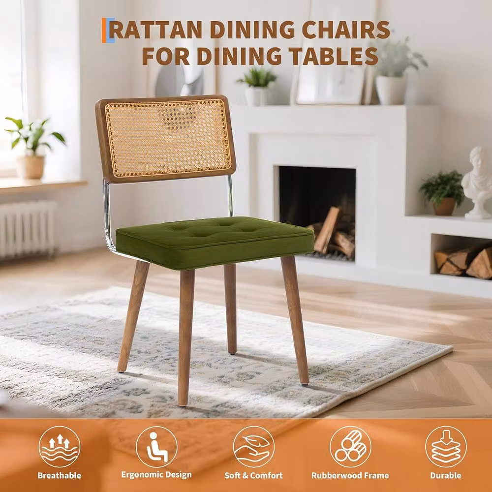 London Boutique Set of 2 Green Velvet Upholstered Rattan Dining Chairs with Rubberwood Legs – 3