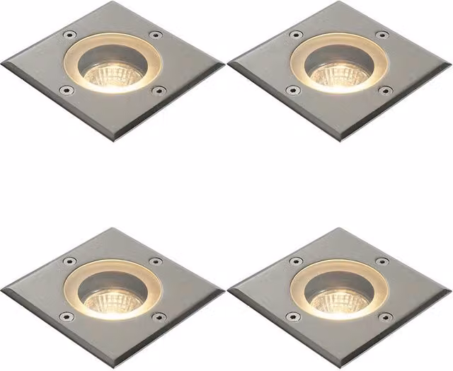 Loops 4 Pack Marine Grade IP65 Square Recessed Ground Light, 50W GU10, Silver Stainless Steel