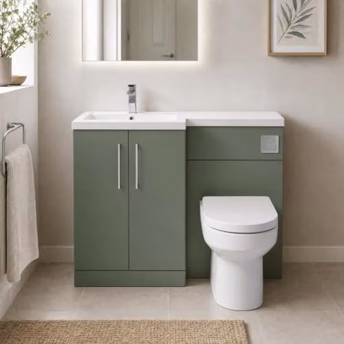 Balterley Modern Floor Standing 2 Door Green Vanity Unit with Basin and WC Unit including Toilet Pan and Soft Close Seat – 2