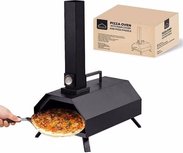 Haven Black Outdoor Wood Fired Portable Pizza Oven with Ceramic Stone, Paddle and Rain Cover – 2
