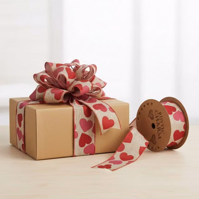 Kingsbury Gifts Heart Decal Wire Edged Ribbon, Natural and Pink, 10m x 60mm