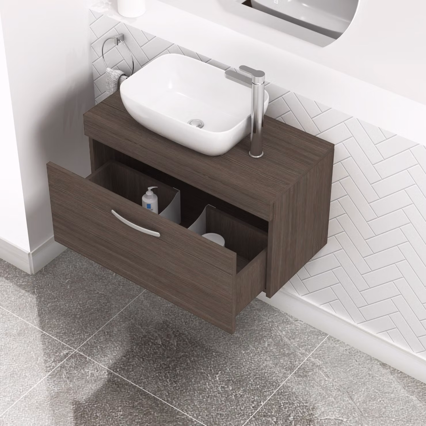 Royal Bathrooms Turin Grey Elm Wall Hung 1-Drawer Unit and Soft Square Countertop Basin