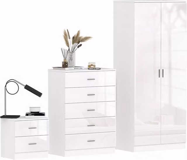 HOMCOM High Gloss White Bedroom Furniture Set Including Wardrobe, Chest of Drawers, Bed and Bedside Table