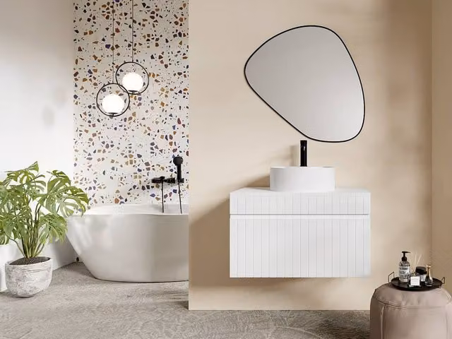 Vente-unique White Ribbed Suspended Bathroom Furniture with Round Ceramic Basin, W: 80 cm, D: 46 cm, H: 46 cm