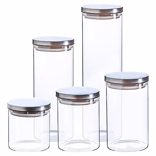 Argon Tableware Scandi Airtight Glass Storage Jar Set with Silver Metal Lids, 5 Piece Set – 1