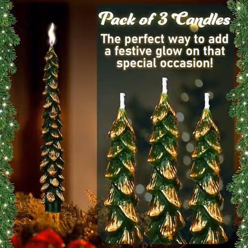 Deco Express Christmas Tree Dinner Candle Set in Green and Gold – 5