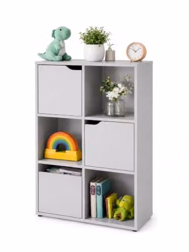 Spot on dealz 6 Cube Storage Unit with 3 Doors in Grey Wood and MDF, W/D/H: 90 x 60 x 29 cm – 1