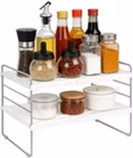 EONLION Expandable 2-Tier Adjustable Kitchen Cupboard Organiser Shelf Rack in White