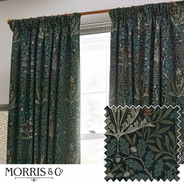 Morris & Co. Acorn Multi Floral Jacquard Chenille Pencil Pleat Curtains in Thyme Forest Green