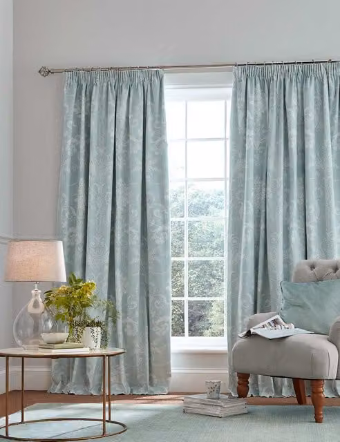Laura Ashley Josette Floral Pencil Pleat Blackout Curtains in Duck Egg Blue, H: 229 cm x W: 183 cm