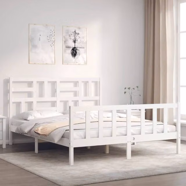 Berkfield Home Beautiful Solid Wood Bed Frame with Headboard in White, W/D/H: 160 x 200 cm – 1