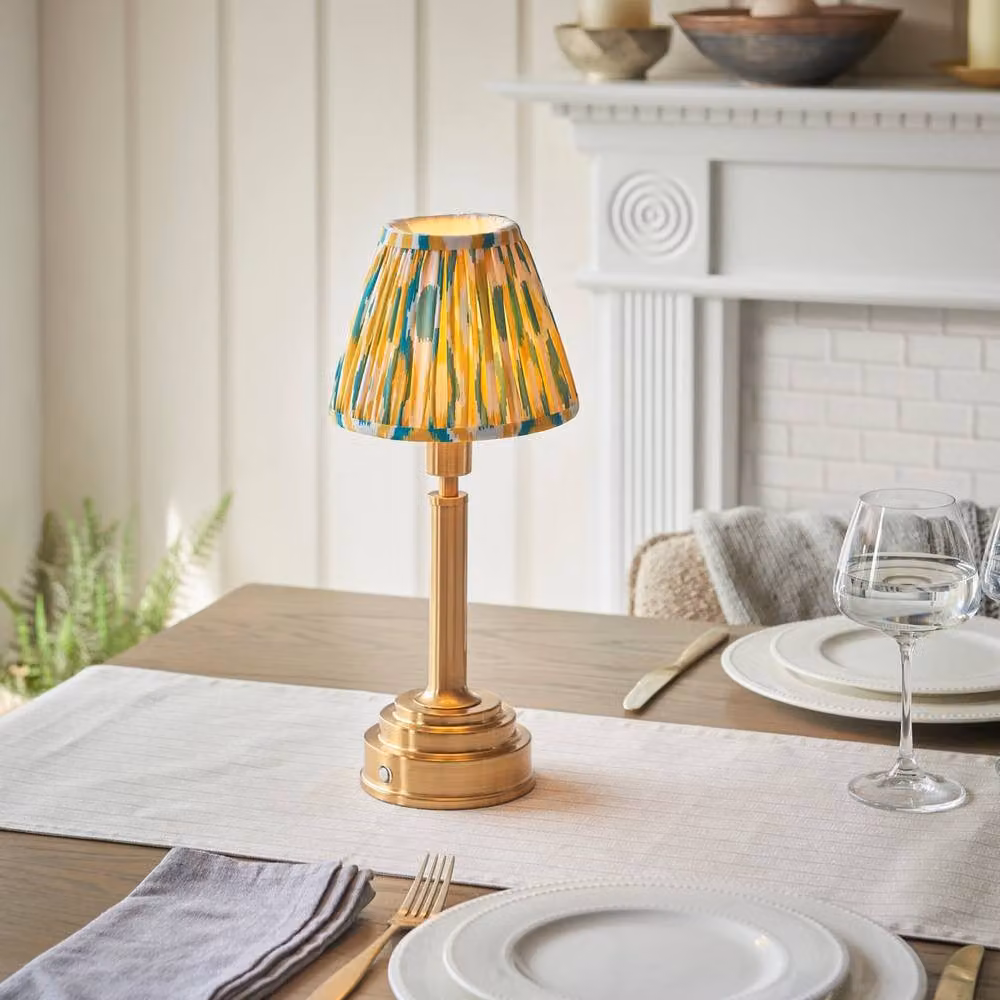 Netlighting Upton Rechargeable Yellow Table Lamp with Jade Fabric Ikat Shade and Brass Base – 2