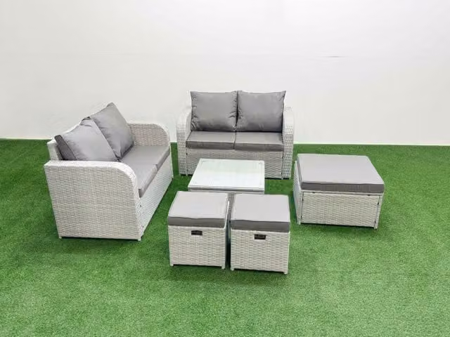 Fimous 7 Seater Rattan Garden Furniture Set in Light Grey with Outdoor 2 Seater Sofa, Coffee Table and Ottoman