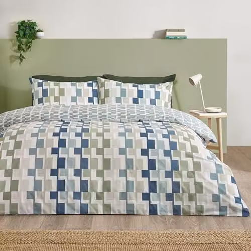 Catherine Lansfield Bryson Geo Reversible Single Duvet Cover Set with Pillowcase, Blue, W/H: 135 x 200 cm, Pillowcase: 50 x 75 cm
