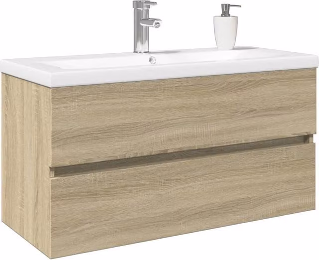 Berkfield Home 2 Piece Modern Wall Mounted Bathroom Vanity Unit Set in Beige and White, Ceramic and Wood, H: 90.0 cm x W: 45.0 cm x D: 38.5 cm