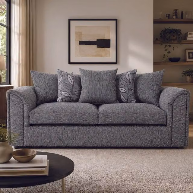 Furnishings For Less UK Byron Dundee Chenille Fabric 3 Seater Sofa in Grey with Scatter Cushions and Removable Covers – 1