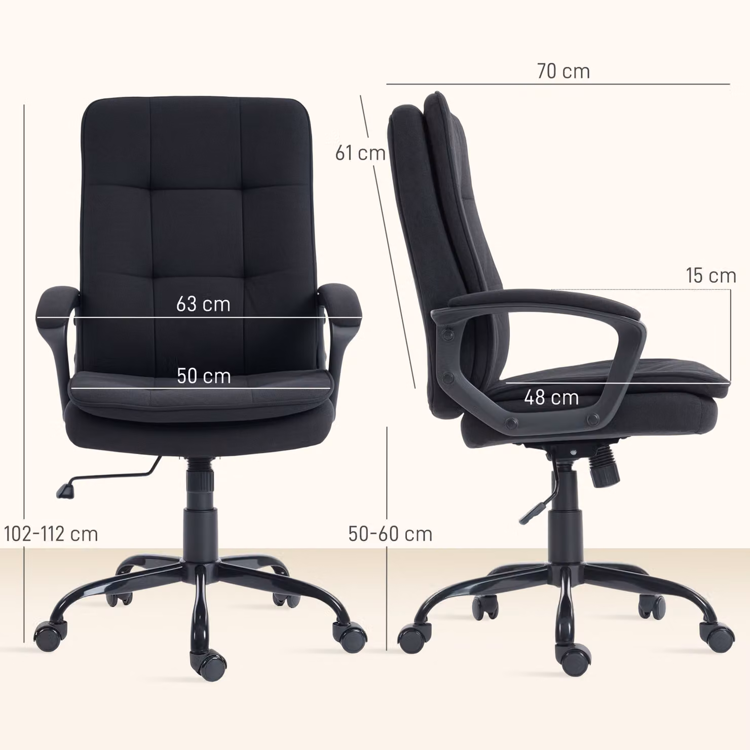 HOMCOM Black Linen-Look Double-Padded Fabric Office Task Chair W/D/H: 55 x 50 x 120 cm – 3