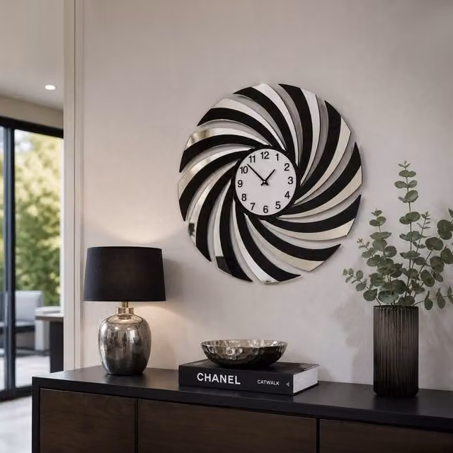 Premier Housewares Orsina Black and White Mirrored Wall Clock with Abstract Round Design, Diameter: 60 cm – 3