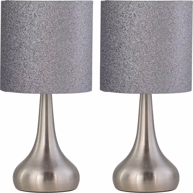 First Choice Lighting Set of 2 Romana Dimmable Touch Table Lamps in Brushed Chrome with Silver Fabric Shades – 1