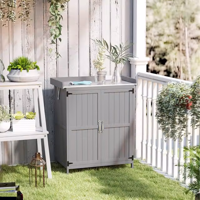 Outsunny Grey Lacquered Wooden Storage Cabinet with Hinged Roof and Internal Shelves