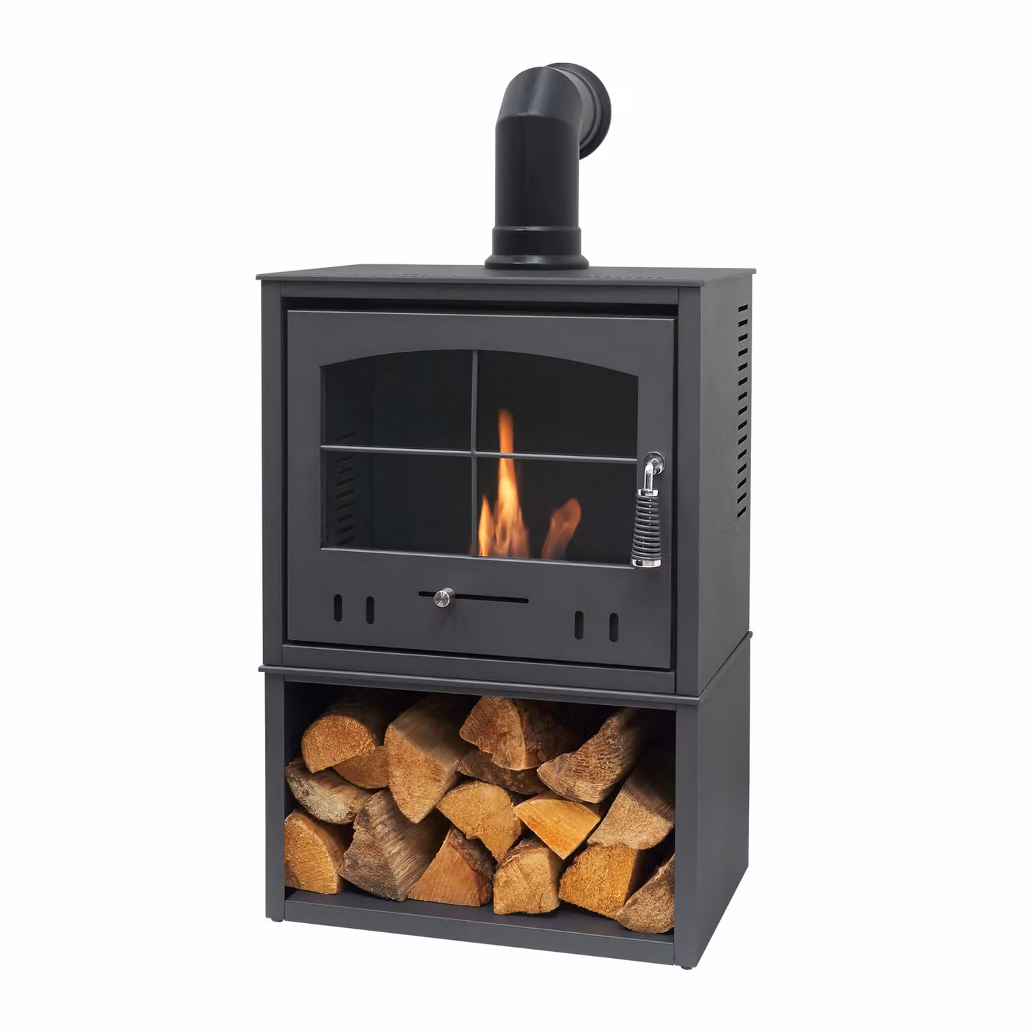 OKO S4 Bio Ethanol Stove with Log Storage and Angled Stove Pipe in Anthracite Grey – 2