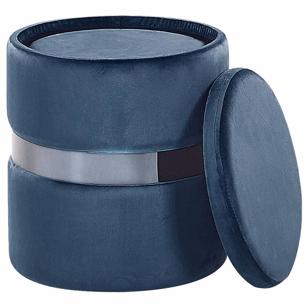Wyld and Coco Set of 2 Light Blue Velvet Cylindrical Storage Pouffes with Metallic Band – 4