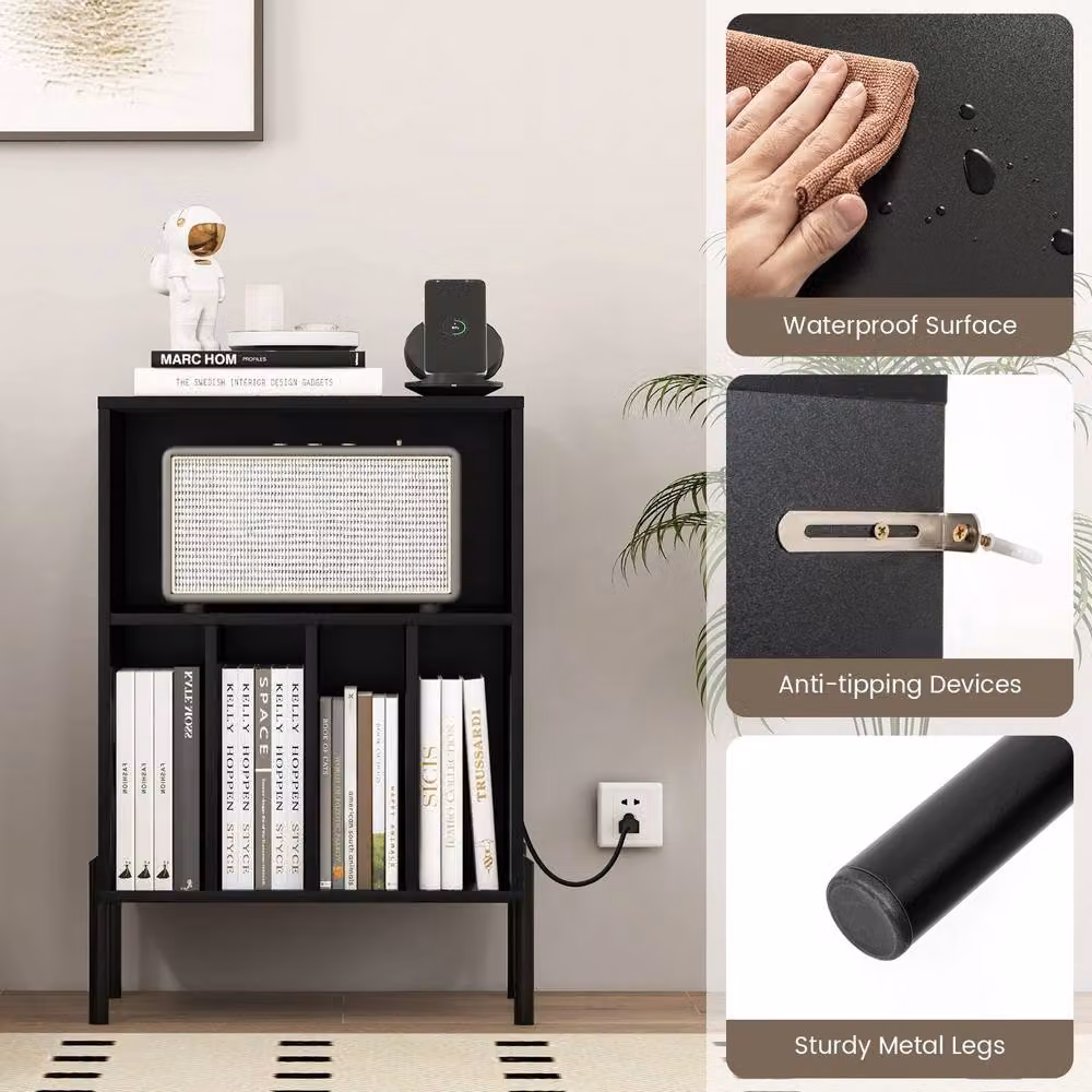 Costway Black Wooden Vinyl Record Player Stand with Integrated Charging Station and Media Compartments – 7