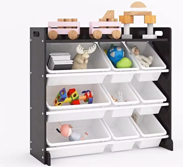FORGEVIO Toy Box with 4 Tiers and 9 Cubes, Black Wood with White Bins and Removable Lid