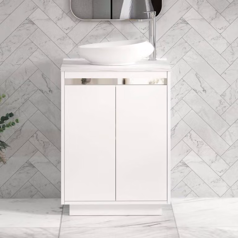 Royal Bathrooms Orion 600mm Matt White Floor Standing 2 Door Vanity Unit with Nova Basin and Chrome Accent Trim