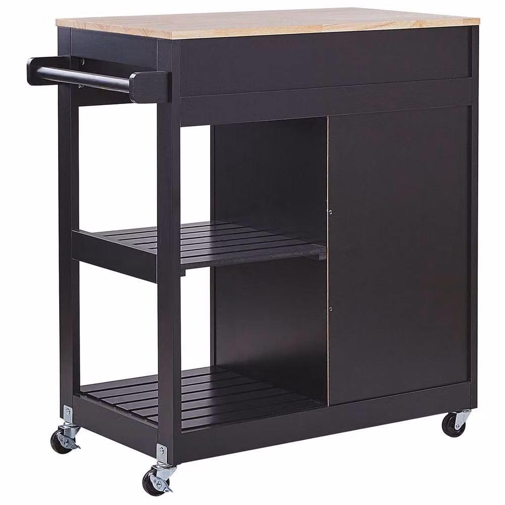 Wyld and Coco Black Lacquered MDF Kitchen Trolley with Rubberwood Accents W/D/H: 75 x 43 x 87 cm – 4