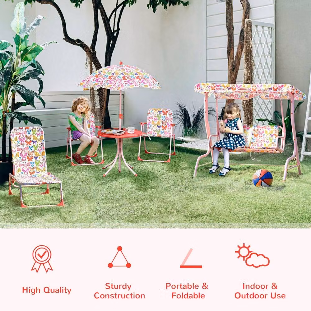 STILVORA Kids Outdoor Table and Chair Set with Parasol in Floral Multicolour – 5