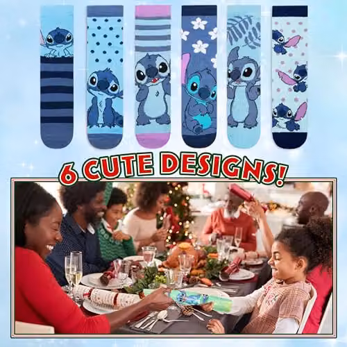 Disney Stitch Luxury Christmas Crackers, Pack of 6 Multicolour Party Crackers with Adult Socks for You – 3