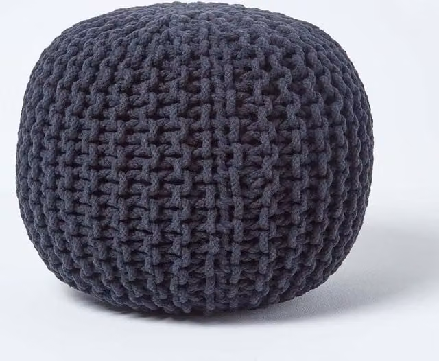 Homescapes Round Cotton Knitted Pouffe Footstool in Black – 1