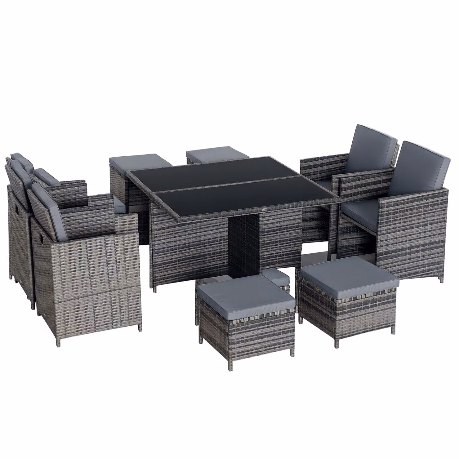 Outsunny 9 Piece Grey Polyrattan Garden Dining Set with Glass Top Rectangular Table – 3