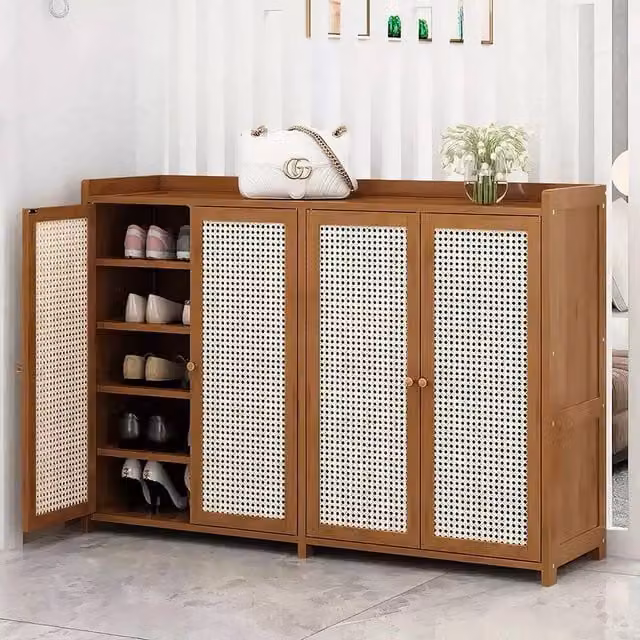 EONLION Brown Rattan Shoe Cabinet Storage Organiser with 4 Hinged Doors, Width: 100 cm