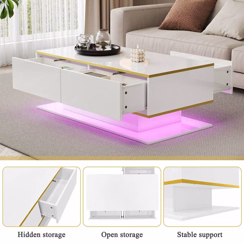 Rolipo Modern LED Coffee Table in White High Gloss with 3 Drawers and Gold Details, W: 100 cm – 4