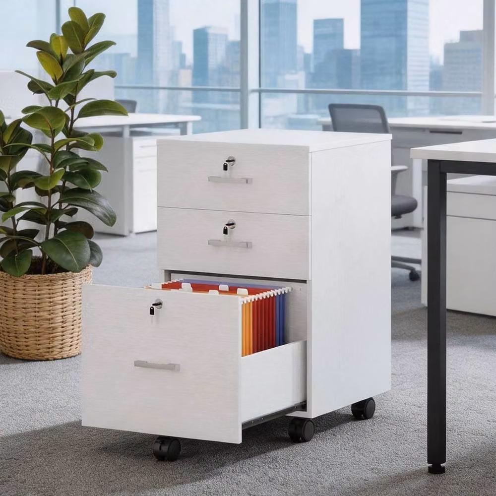 KORVIXA 3 Drawer Wooden Filing Cabinet with Lock and Castors in White – 2