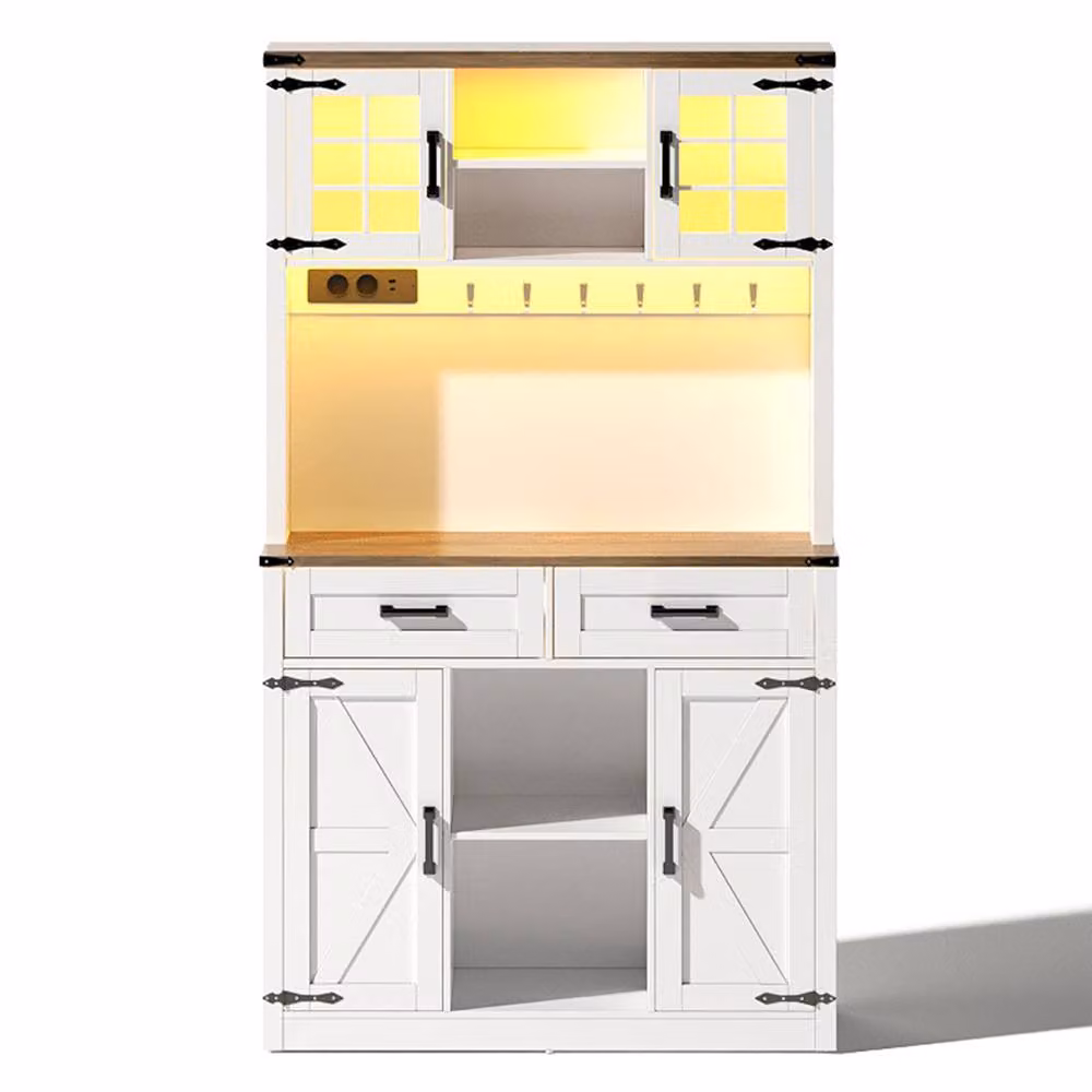 Rolipo Tall White Kitchen Pantry and Coffee Bar Cabinet with Glass Sliding Doors and Integrated LED Lighting – 2
