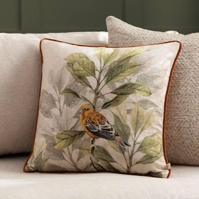 Wylder Nature Kielder Forest Swinley Bird Chenille Piped Cushion in Orange and Beige, W/D/H: 43 x 43 x 43 cm – 2