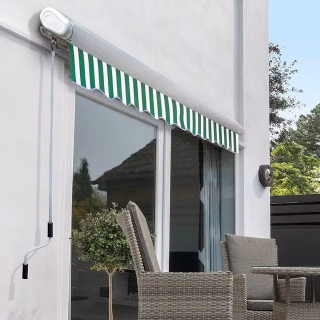 Primrose Full Cassette Electric Patio Awning with 5m Canopy in Green and White Stripe
