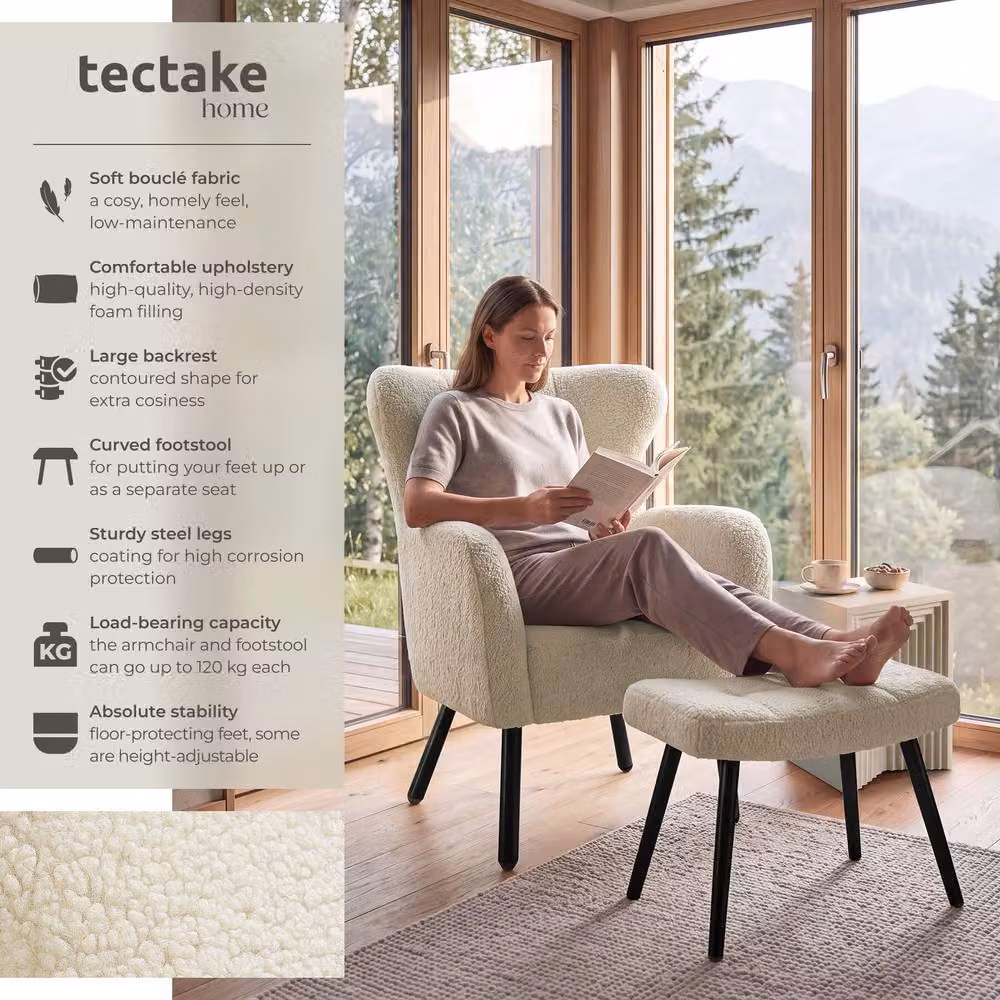 tectake Vänersborg Armchair with Ottoman in Cream and Black Bouclé – 2