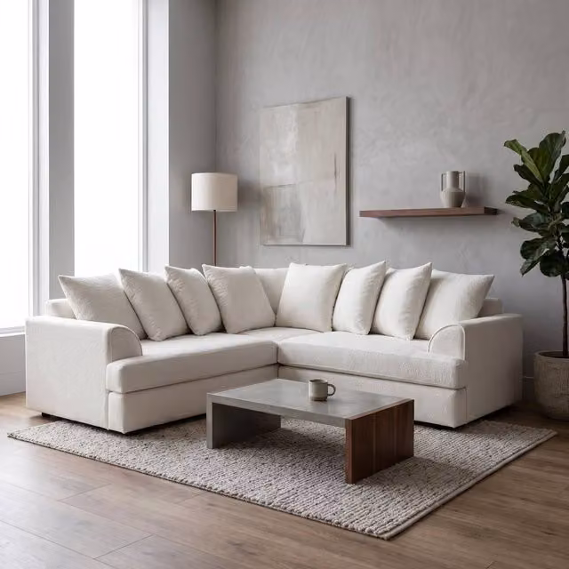 Abakus Direct Ferguson Cream Bouclé L-Shape Corner Sofa with Deep Seats and Scatter Cushions