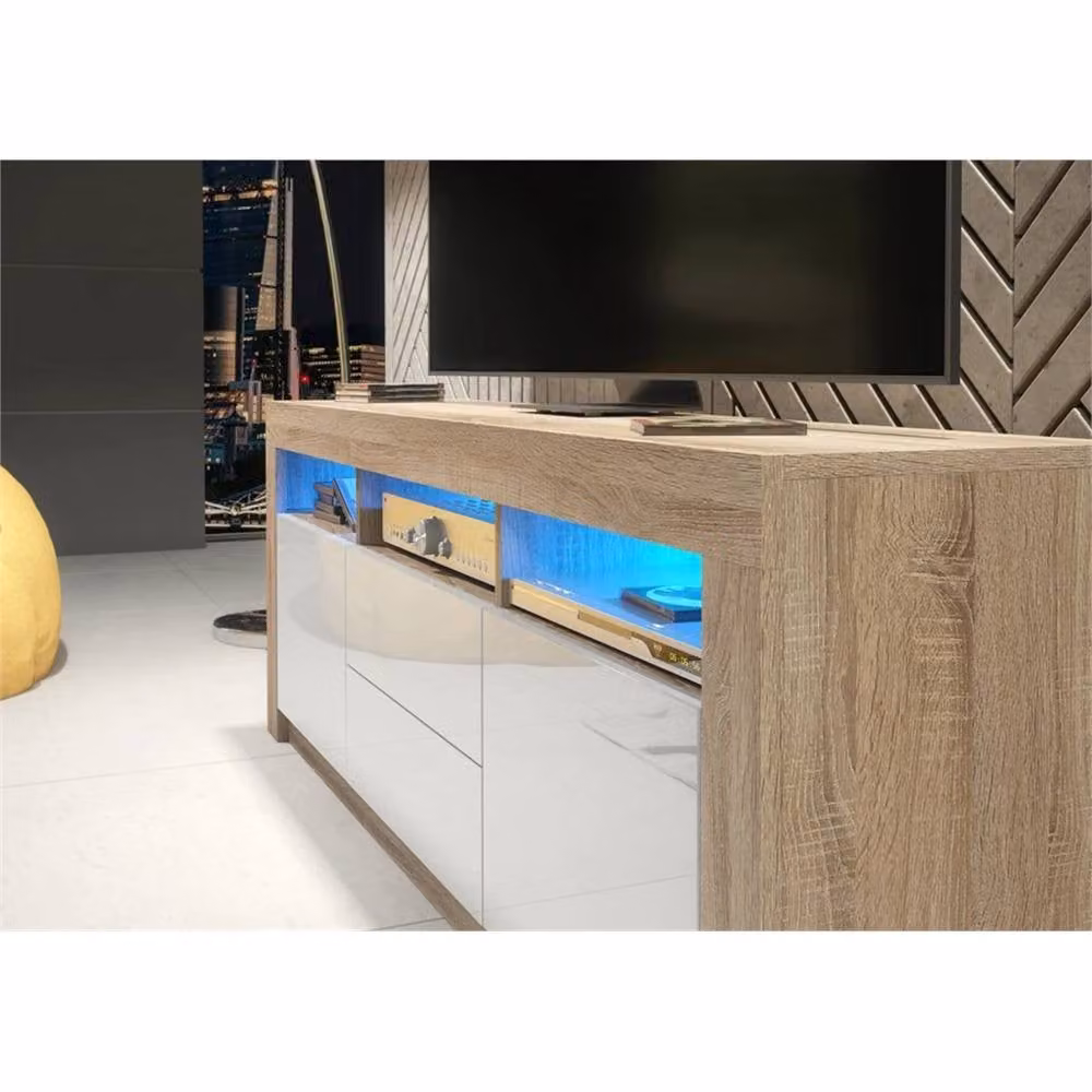FORGEVIO Modern Oak Matt and White Gloss TV Stand Cabinet – 2