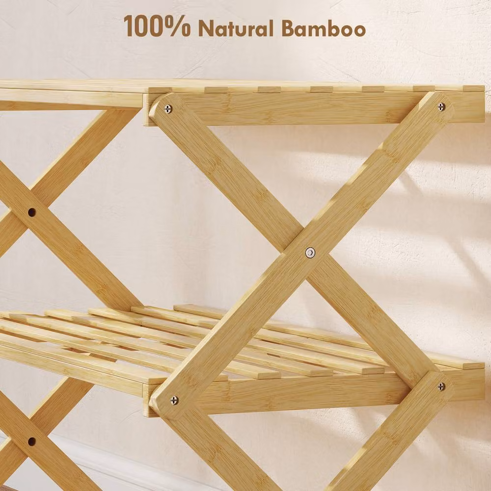 ERGOVEXA 3-Tier Folding Bamboo Shoe Rack in Brown Lacquered Wood – 3
